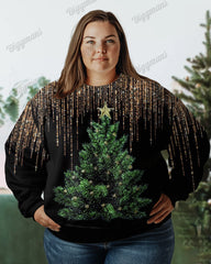 Women's Plus Simple Fashion Gold Striped Christmas Tree Print Long-sleeved Sweatshirt