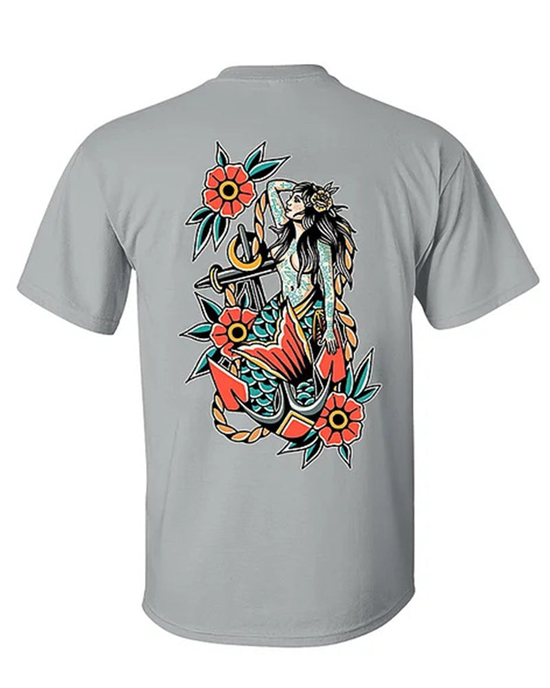 Men's Plus Size Street Fashion Anchor And Mermaid Print Round Neck Short Sleeve T-Shirt