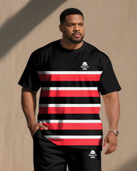 Big & Tall Men Black & White & Red Striped Color-matching Chest Small Label Printed Crewneck Short Sleeve T-shirt Shorts Suit