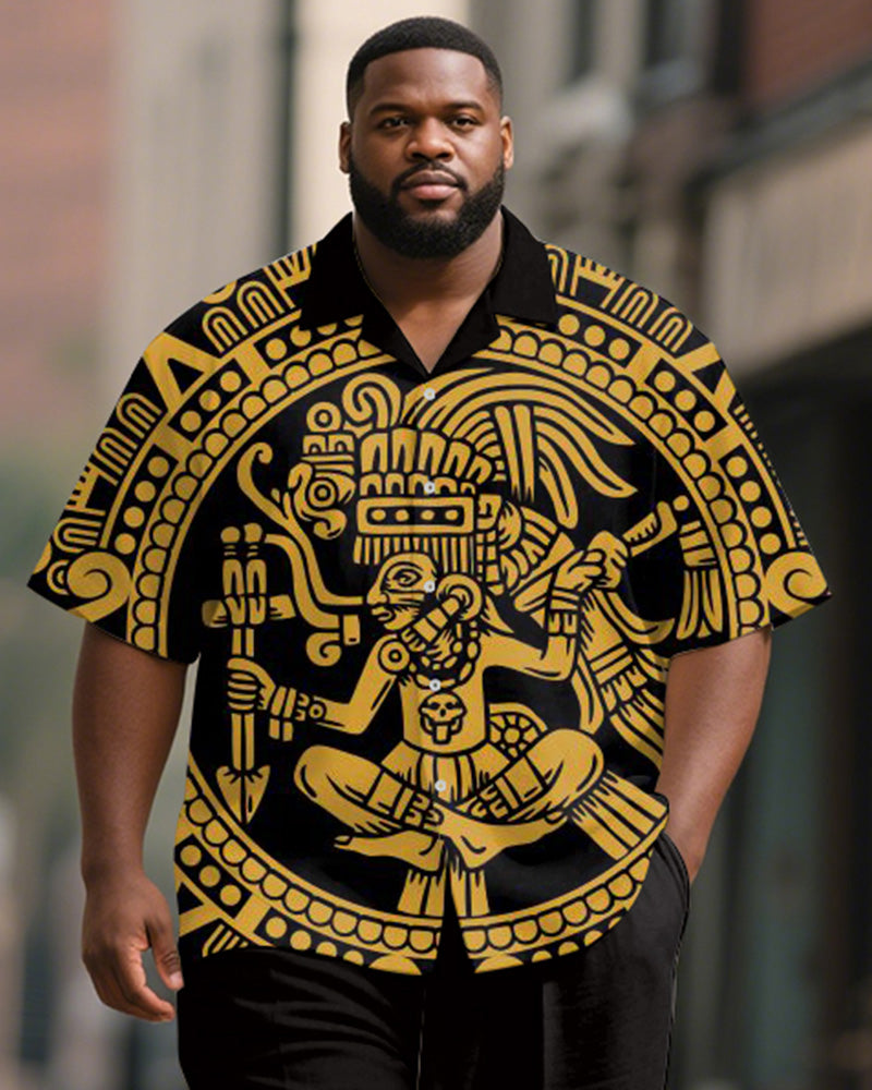 Men's Plus Size Black And Yellow Aztec Ethnic Style Printed Short Sleeve Shirt Trousers Suit