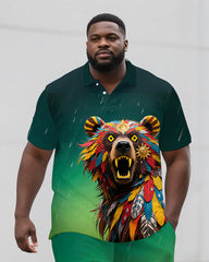 Big Man's Thriller Bear Cartoon Printed Casual Summer Short-Sleeve Polo Shirt & Shorts Set