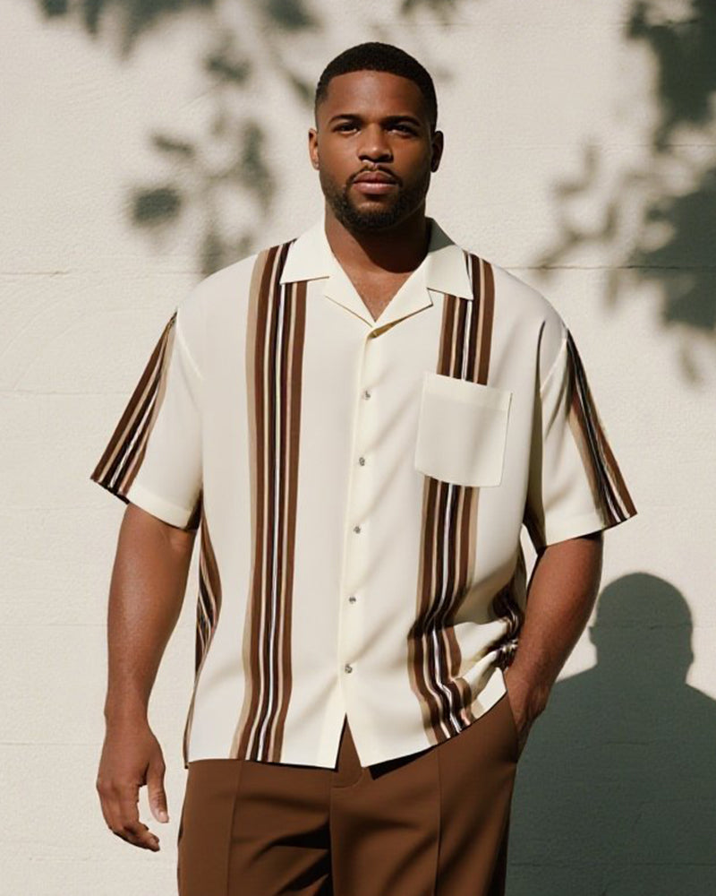 Big & Tall Men's Business Brown Striped Print Pocket Short Sleeve Shirt Trousers Suit