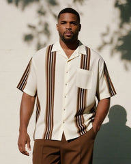 Big & Tall Men's Business Brown Striped Print Pocket Short Sleeve Shirt Trousers Suit