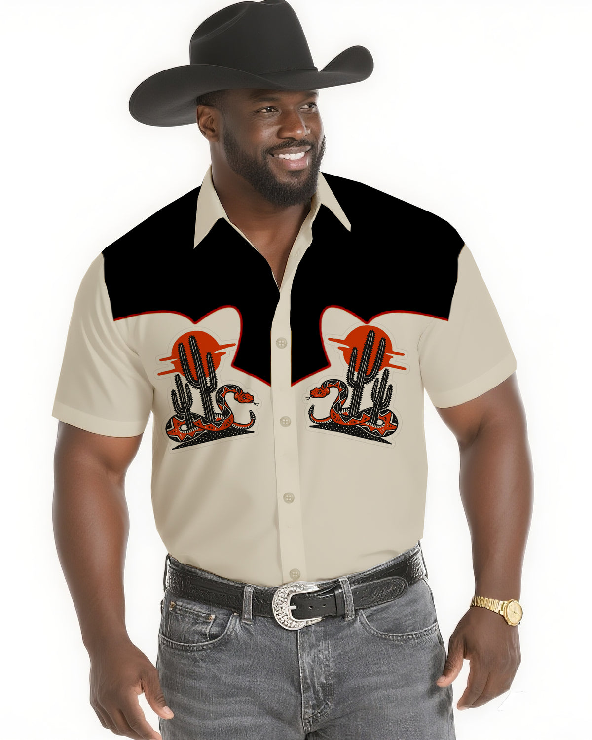 Big & Tall Men's Western Wind Khaki Black Sunset & Rattlesnake Short Sleeve Shirt