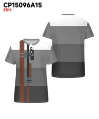 Men's Plus Size Gray Striped Geometric Print Henry Collar Button Short Sleeve T-shirt