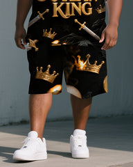Big Men's PRISON KING Letter Sward and Crown Printed Short-Sleeve Polo Shirt & Shorts Set