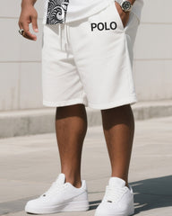 Men's Plus Size White Creative Stripe Polo English Print T-Shirt Shorts Suit