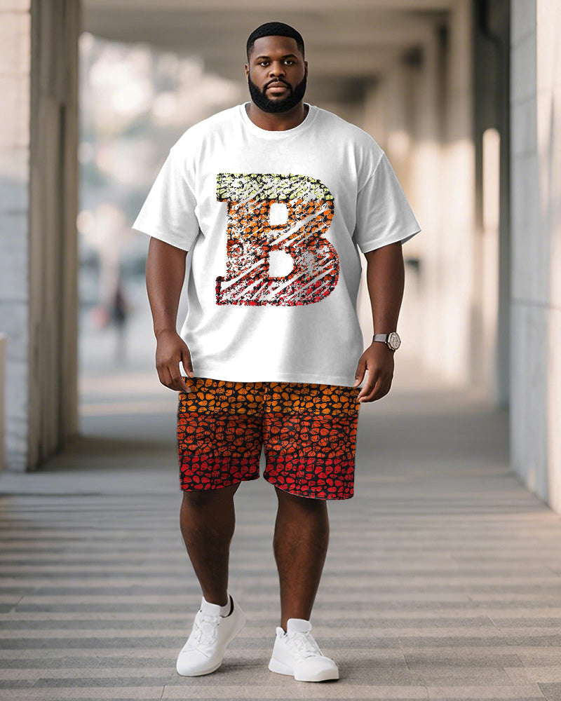 Men's Plus Size Orange Geometric B Letter Print Short Sleeve T-Shirt Shorts Suit