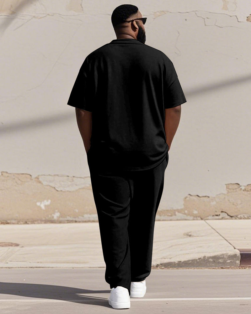Men's Plus Size Black Khaki Color Block Line Print Henry Collar T-shirt Trousers Suit