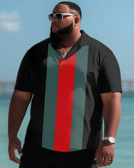Men's Big and Tall Casual Simple Striped Colorblock Print Polo Shorts Set