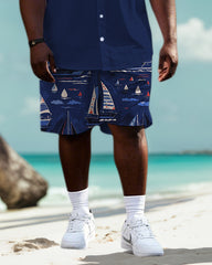 Big Men's Color Block Funny Sailboat Pattern Printed Short Sleeve Shirt Shorts Set