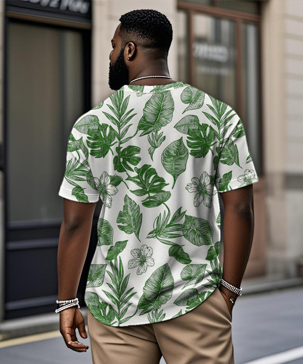 Men's Plus Size Hawaiian Green Leaf Floral Print Henley Collar Button Short Sleeve Tee