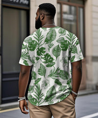 Men's Plus Size Hawaiian Green Leaf Floral Print Henley Collar Button Short Sleeve Tee