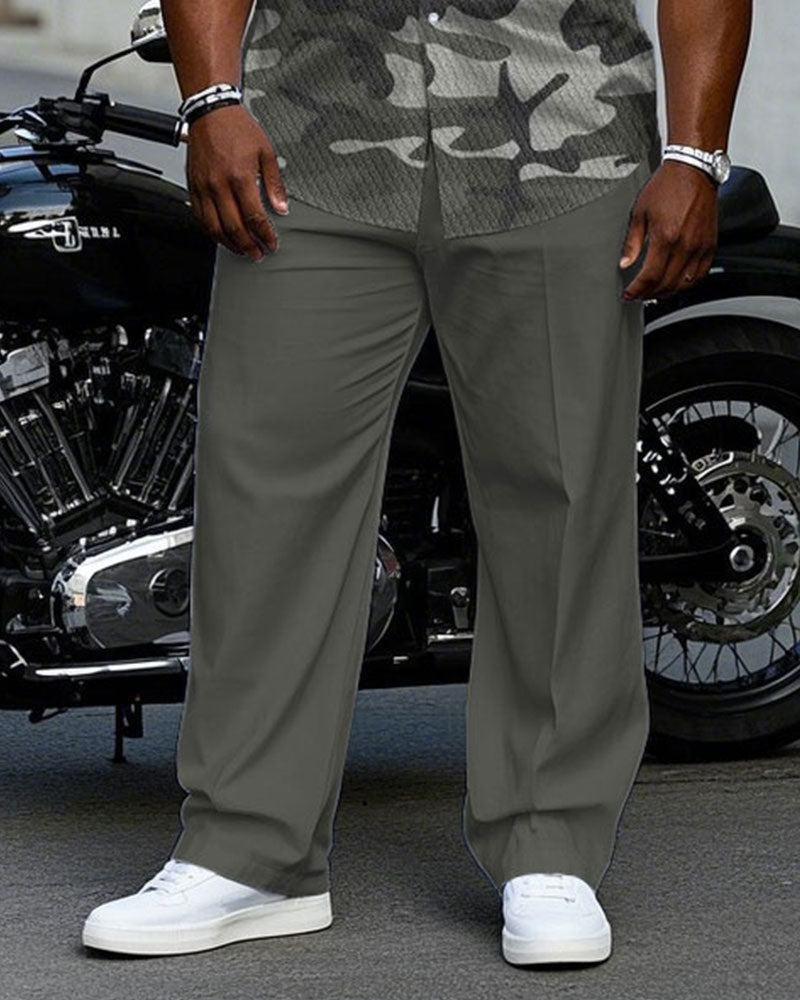Men's Plus Size Gray Fashion Camouflage Short Sleeve Shirt Trousers Suit
