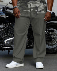 Men's Plus Size Gray Fashion Camouflage Short Sleeve Shirt Trousers Suit