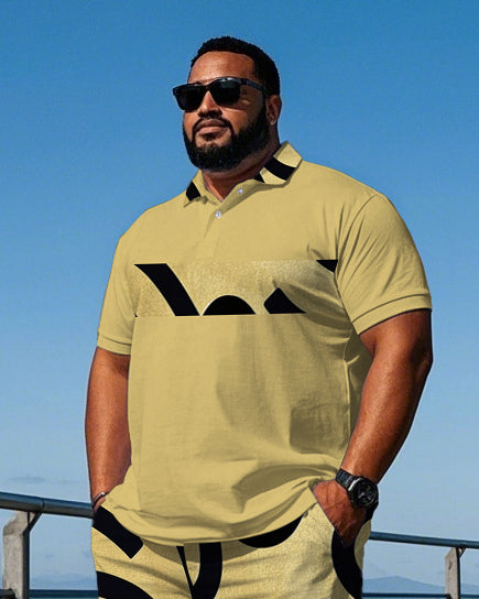 Men's Street Fashion Simple Letter Stripe Printed Big & Tall Short Sleeve Polo Shirt Shorts Set
