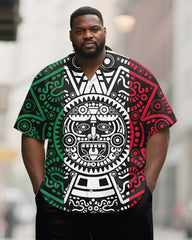 Men's Plus Size Green White Red Aztec Ethnic Style Printed Short Sleeve Shirt Trousers Suit