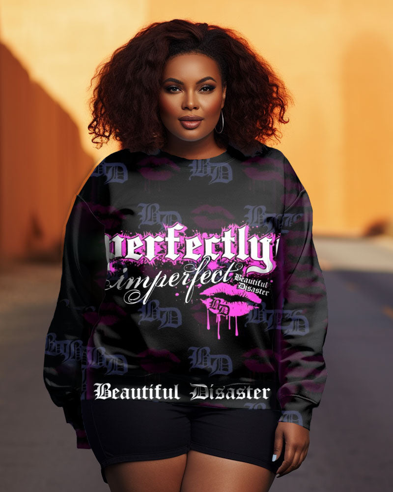 Women's Plus Size Pretty Lips Graffiti Crew Neck Long Sleeve Sweatshirt
