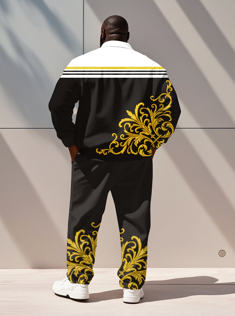 Men's Simple Luxury Pattern King Black and White Print Polo Shirt Zipper Pants Suit