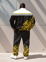 Men's Simple Luxury Pattern King Black and White Print Polo Shirt Zipper Pants Suit
