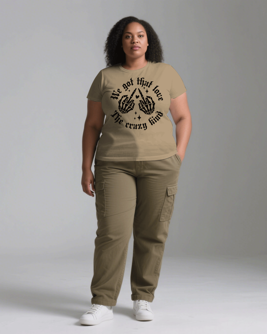 Big & Tall Men's Khaki Hand Bone Pattern Printed Men's And Women's Crewneck Short-sleeved T-shirts & Overalls Pants Couple's Suit