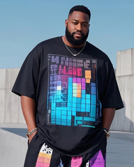 Plus Size 1 L-9L Men's Tetris. Irregular Print Casual Short-sleeved T-shirt Pants Suit