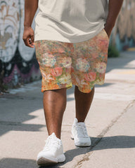 Men's Plus Size Street Graffiti Floral Alphabet Print Round Neck Short Sleeve T-Shirt Shorts Suit