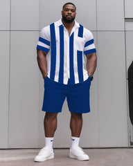 Big & Tall Men's Daily Casual Black & Grey & Wine Red & Fluorescent Green & Blue & Dark Blue. Big Striped Shirt Shorts Suit