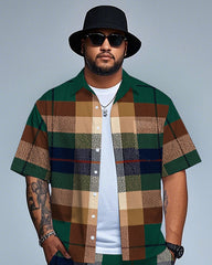 Big Men's Daily Casual Retro Green & Brown Plaid Printed Short Sleeve Shirt and Shorts Set