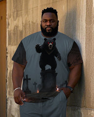Big Men's Bear In Cemetery Gothic Printed Short Sleeve T-Shirt Shorts 2-piece Set