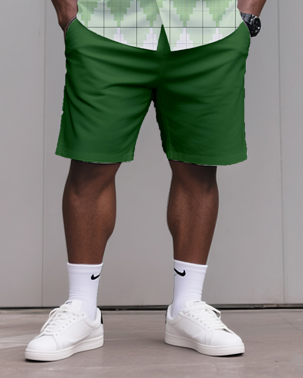 Big & Tall Men's Daily Leisure. Irregular Green Gradient Diamond Print Shirt Shorts Suit