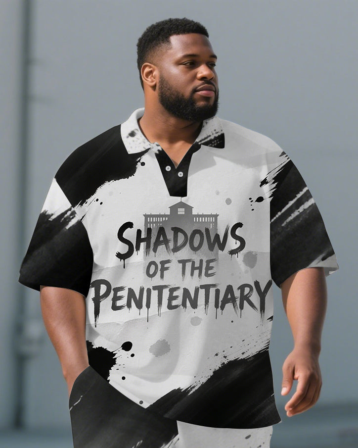Men's Penitentiary Shadow Graffiti Lettering Short Big and Tall Sleeve Polo Shirt Shorts Set