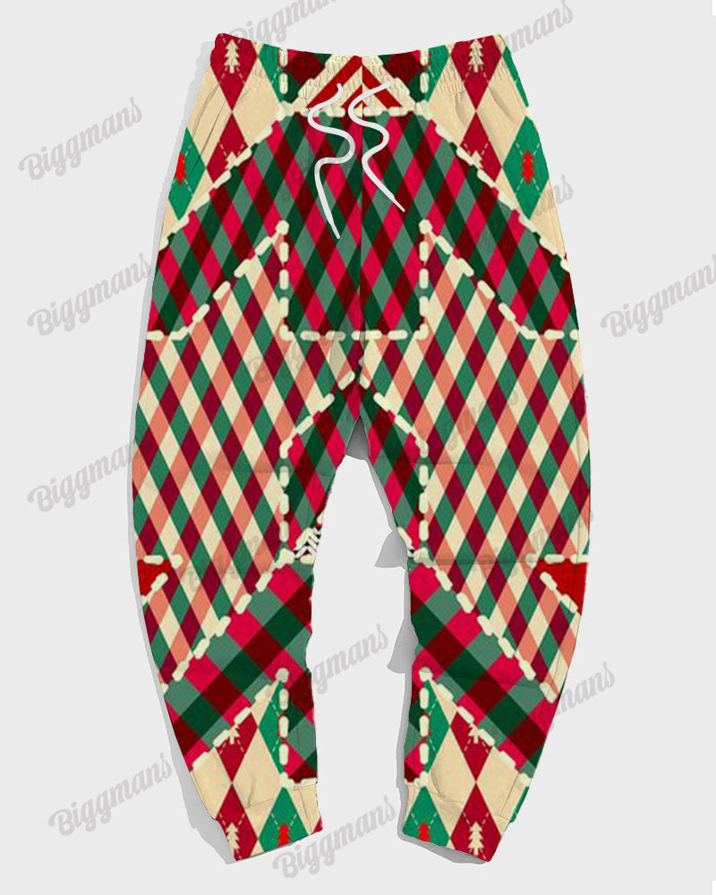 Men's Christmas Colorblock Red Plaid Print Plus Size Hoodie Suit