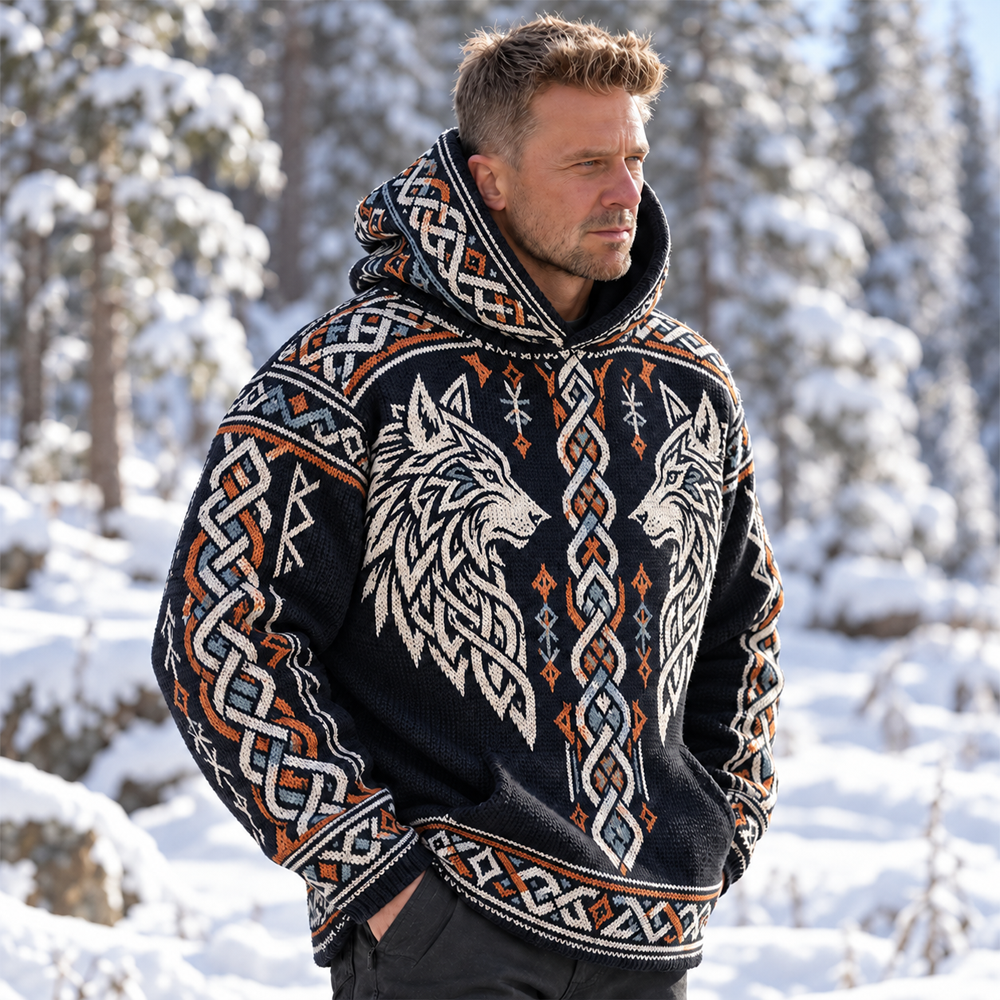 Men's Nordic Twin Wolves And Celtic Knotwork Hooded Knit Sweater