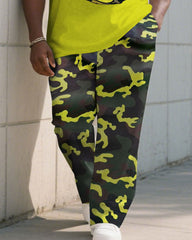 Men's Plus Size Fluorescent Green Camouflage Crossbody Bag Short-sleeved T-shirt Trousers Suit