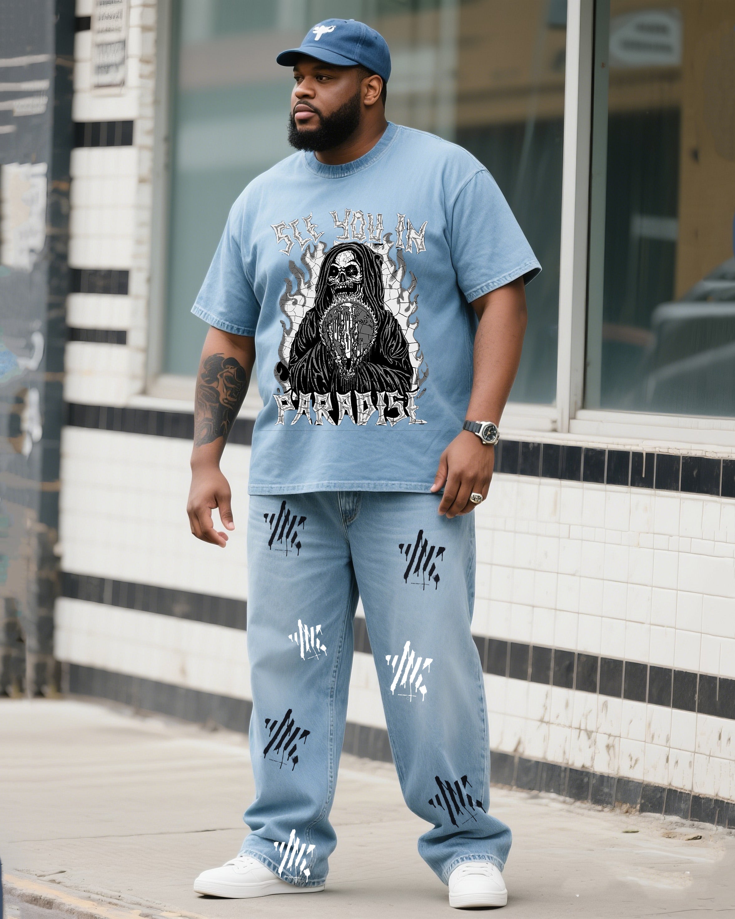 Plus Size Men's Daily Casual Death Print Denim T-Shirt Pants Suit