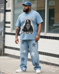 Plus Size Men's Daily Casual Death Print Denim T-Shirt Pants Suit