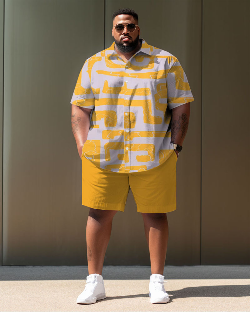 Big Guy's Casual Geometric Print Short Sleeve Shirt Shorts Set