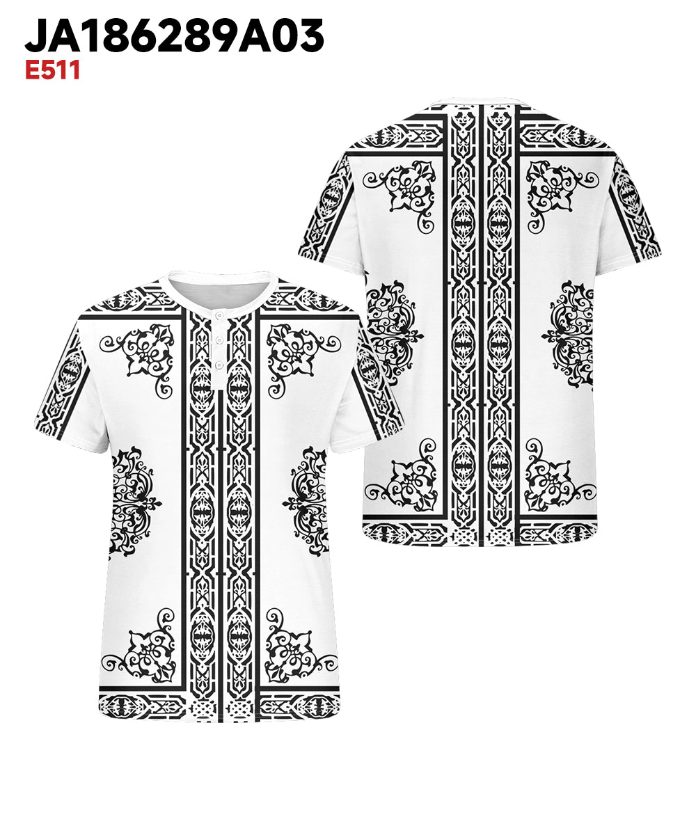 Men's Plus Size White Vintage Pattern Printed Henry Collar Button Short Sleeve T-shirt