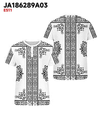 Men's Plus Size White Vintage Pattern Printed Henry Collar Button Short Sleeve T-shirt