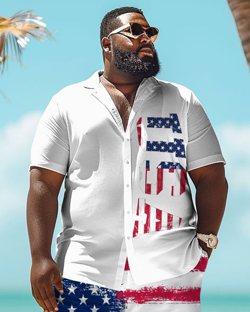 Men's Plus Size Independence Day Flag Gesture Print Short Sleeve Shirt Shorts Suit