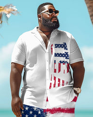 Men's Plus Size Independence Day Flag Gesture Print Short Sleeve Shirt Shorts Suit