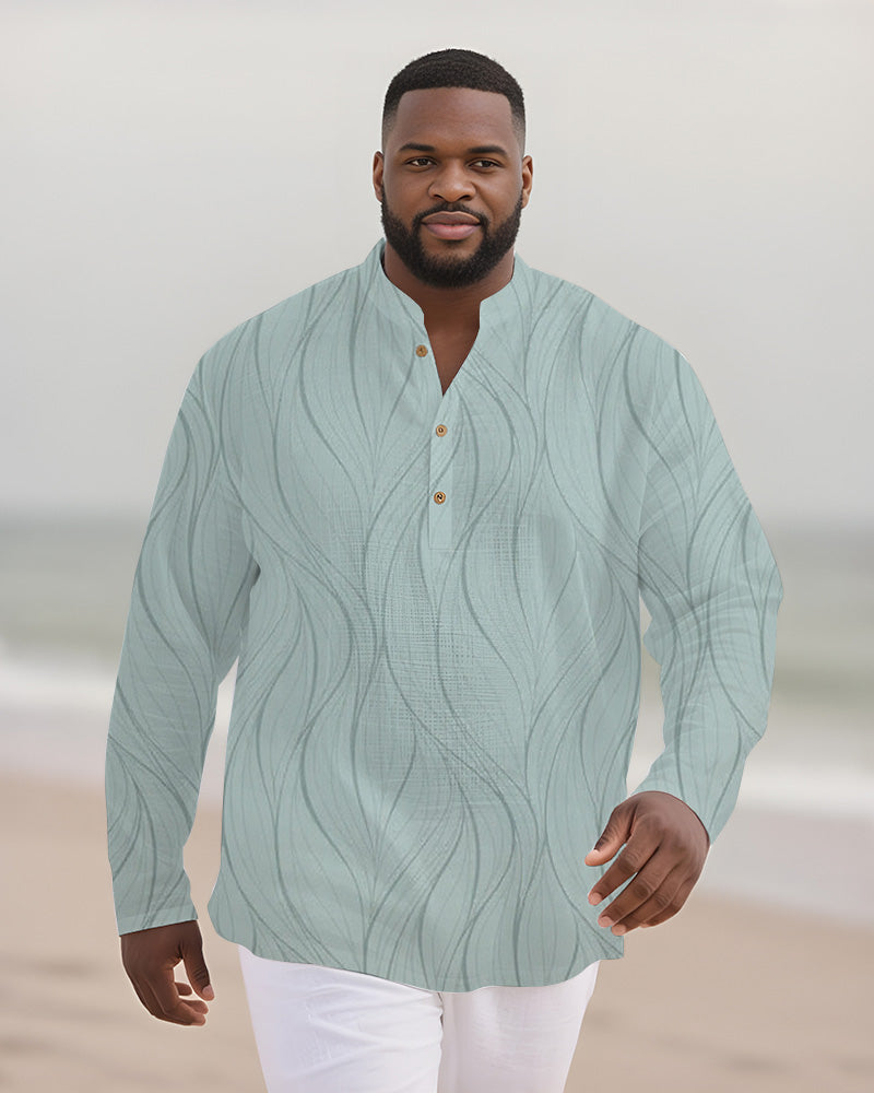 Big & Tall Men's Green Wave Stripe Print Bamboo Hemp Texture Henry Collar Long Sleeve Shirt