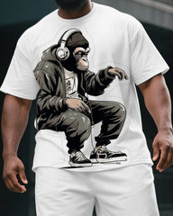 Men's Big & Tall Cartoon Street Wear Gorillas Print Casual Short-Sleeved T-shirt and Short Set