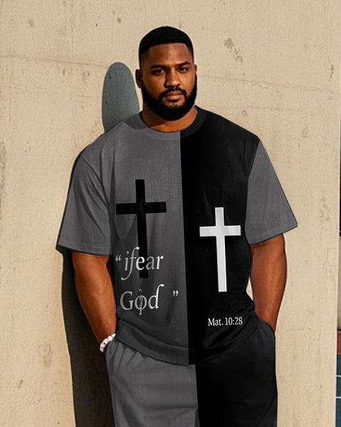 Men's Streetwear Splicing Style Cross Printed Big & Tall Short Sleeve T-shirt Pants 2-Piece Set