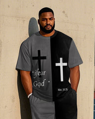 Men's Streetwear Splicing Style Cross Printed Big & Tall Short Sleeve T-shirt Pants 2-Piece Set