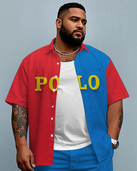 Big Guy's Modern Fashion POLO Letter & Red Color Block Printed Short Sleeve Shirt Shorts Set