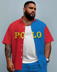 Big Guy's Modern Fashion POLO Letter & Red Color Block Printed Short Sleeve Shirt Shorts Set