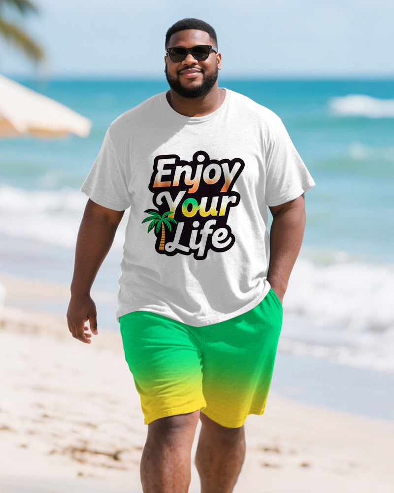 Men's Plus Size Hawaiian Coconut Tree Letter Print Round Neck Short Sleeve T-Shirt Shorts Suit