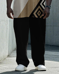 Men's Plus Size Daily Casual Black Color-block Geometric Print T-shirt Trousers Suit